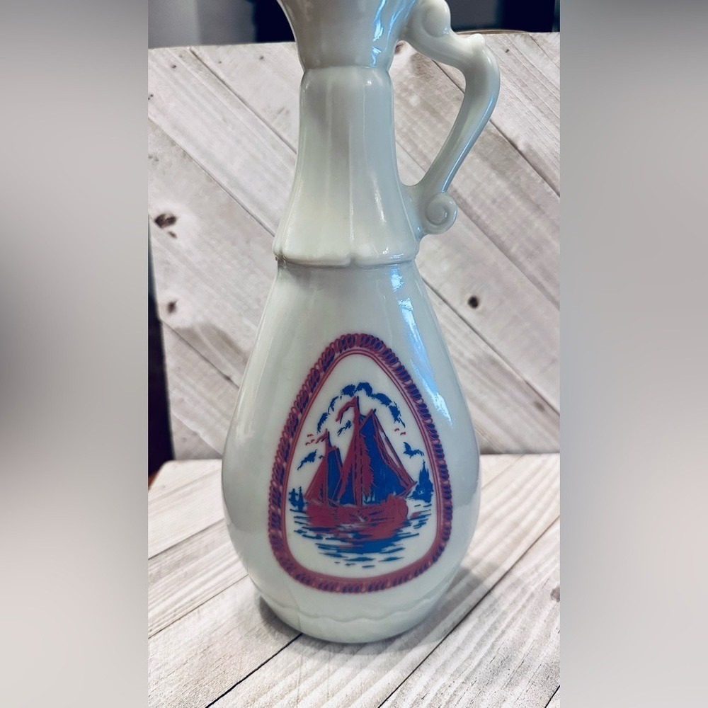 Vintage Milk Glass Decanter Sailboat Windmill Nautical White Pitcher Bottle 9.5"